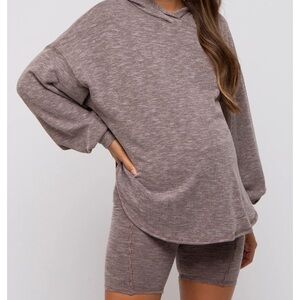 Brown ribbed biker shorts set